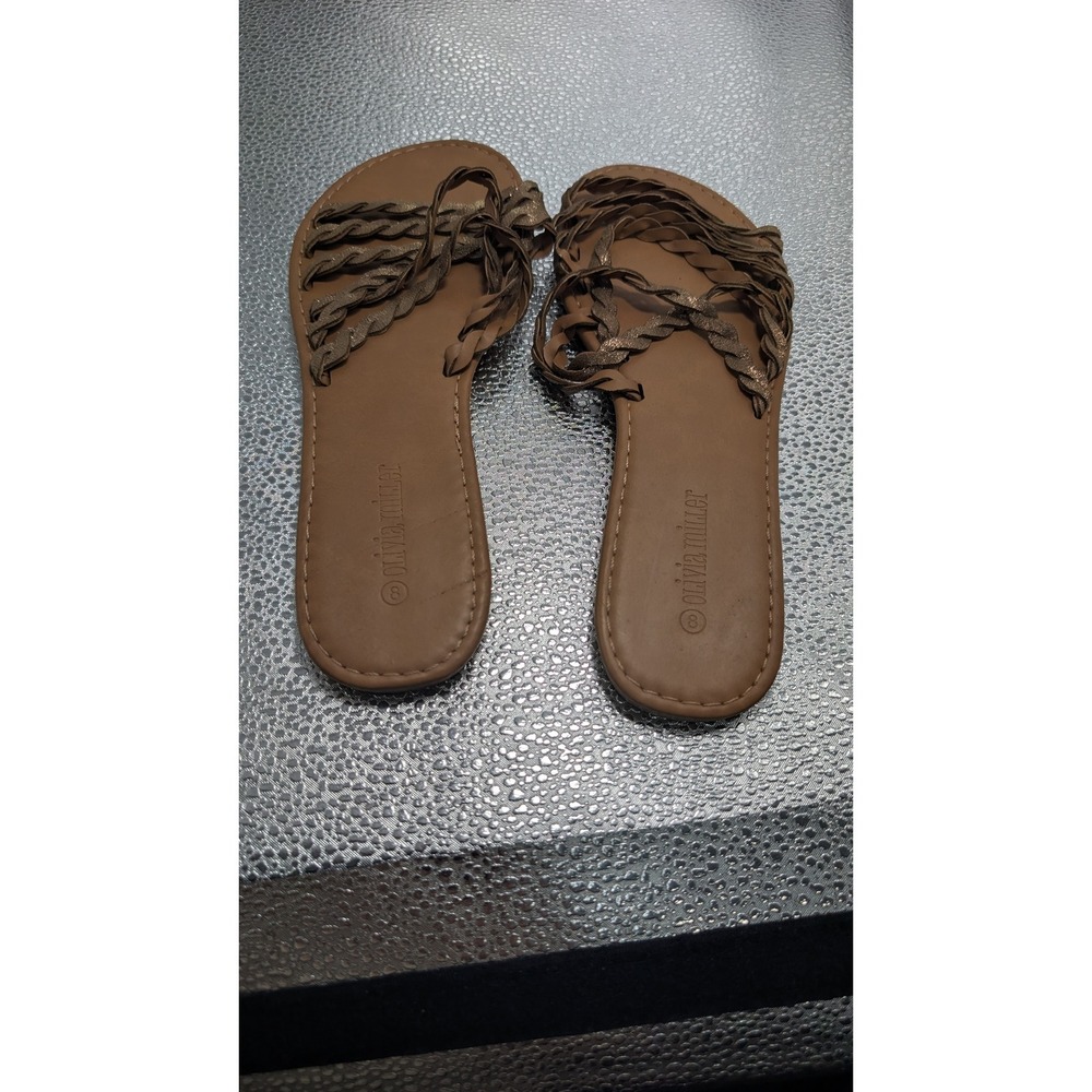 Olivia Miller Women Braided Metallic Strappy Slide Sandals Tan Brown Gold Size 8